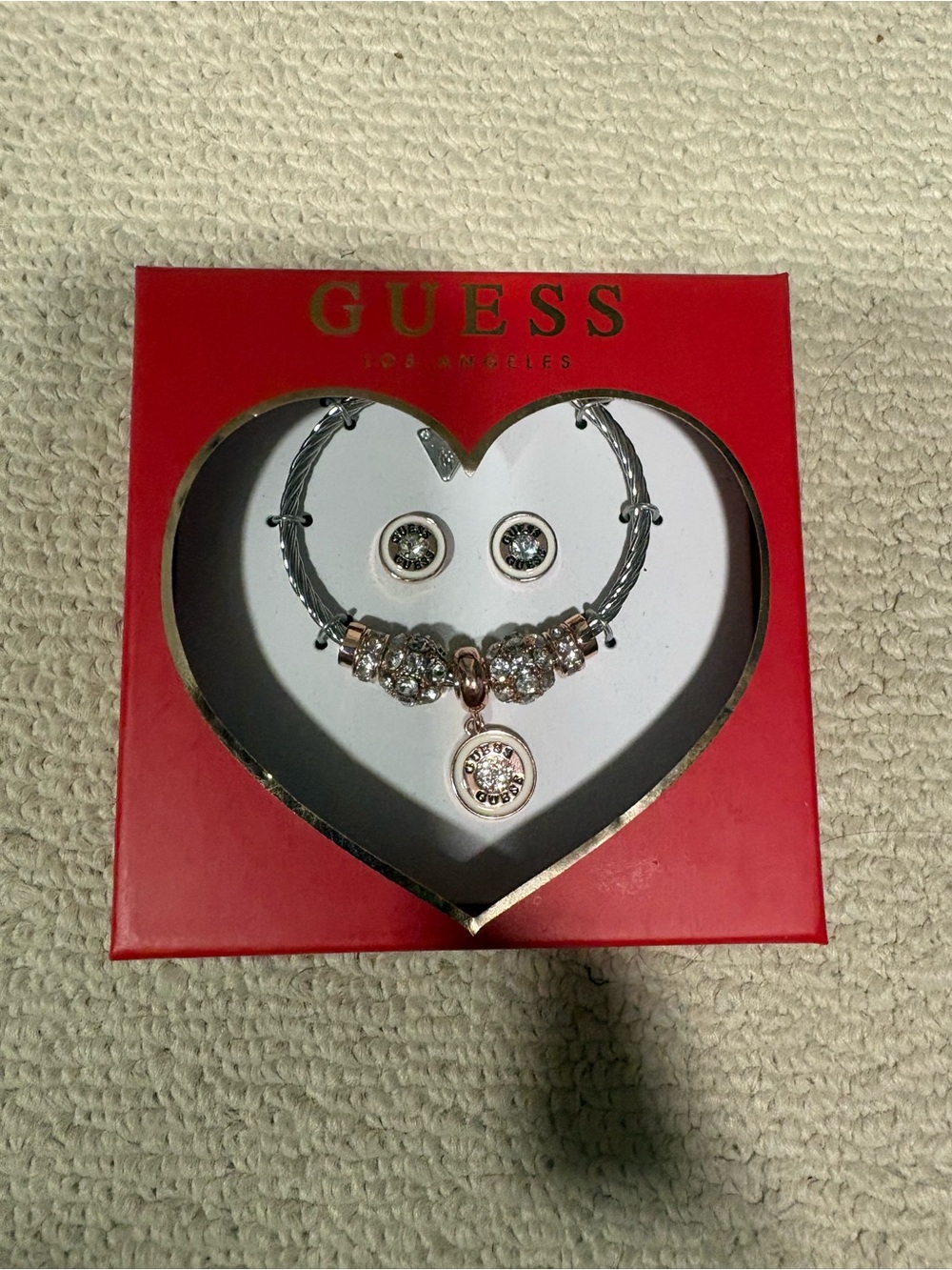 GUESS Rose Gold and Silver Crystal Pendant Necklace with Matching Studs